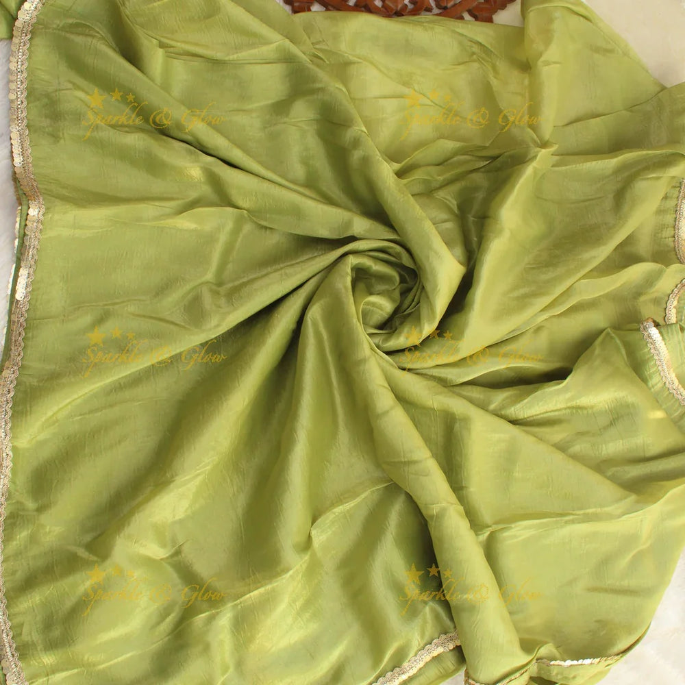 Simple plain pista green tissue organza saree with lace and grand readymade blouse - Sparkle and Glow