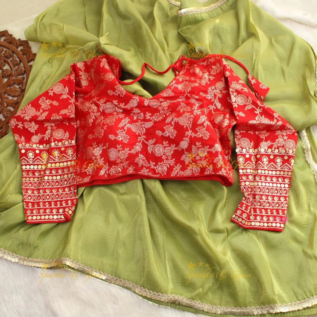 Simple plain pista green tissue organza saree with lace and grand readymade blouse - Sparkle and Glow