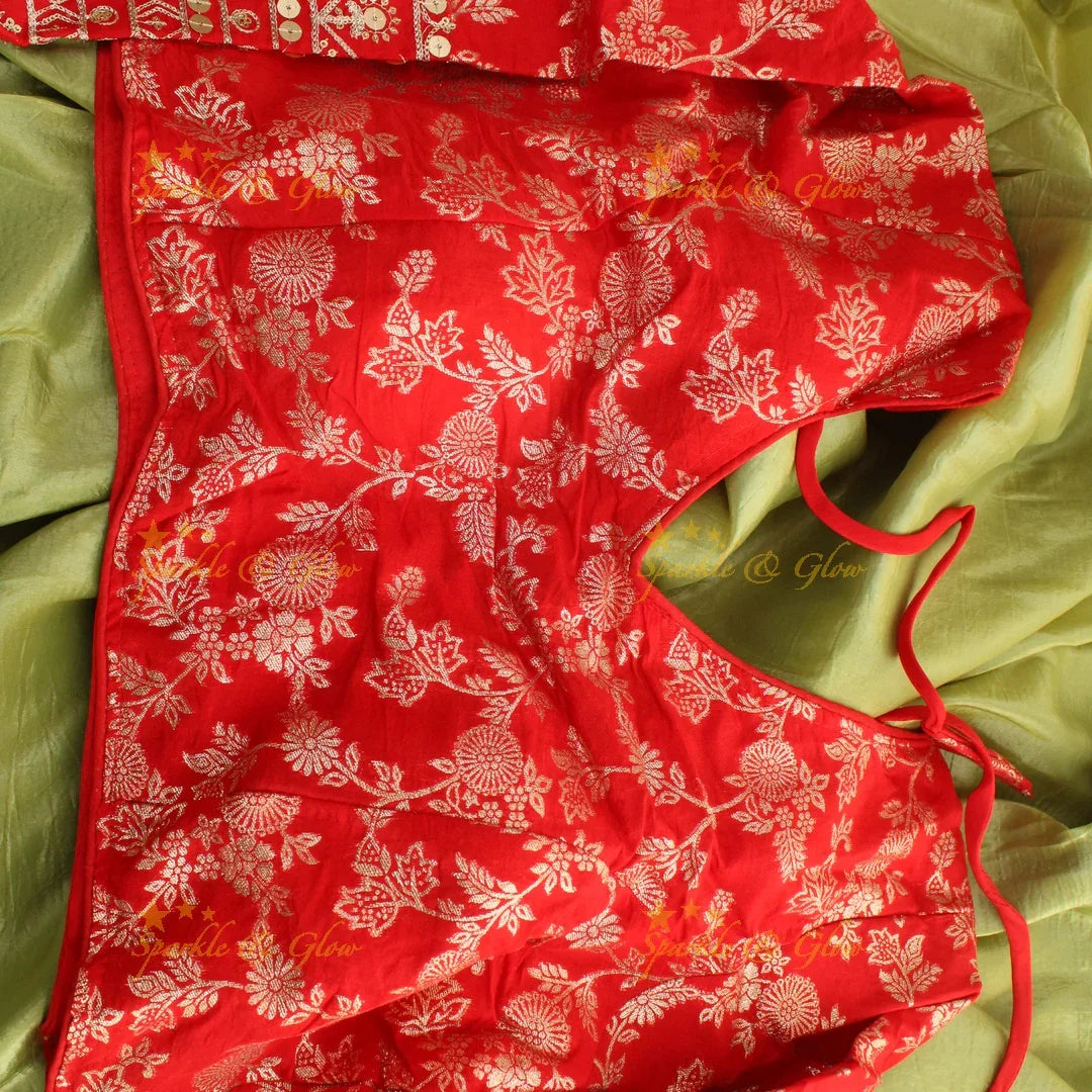 Simple plain pista green tissue organza saree with lace and grand readymade blouse - Sparkle and Glow