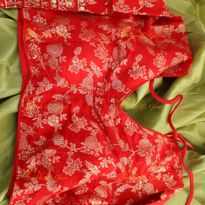 Simple plain pista green tissue organza saree with lace and grand readymade blouse - Sparkle and Glow