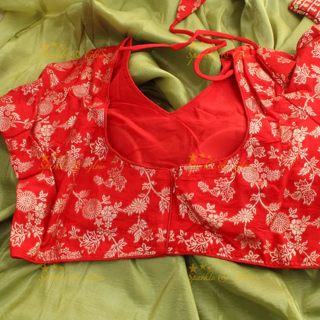 Simple plain pista green tissue organza saree with lace and grand readymade blouse - Sparkle and Glow