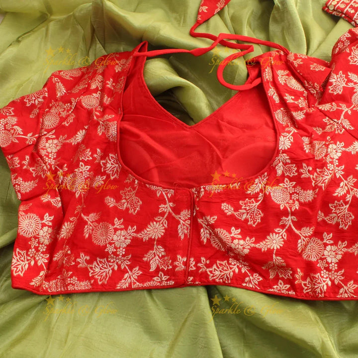 Simple plain pista green tissue organza saree with lace and grand readymade blouse - Sparkle and Glow