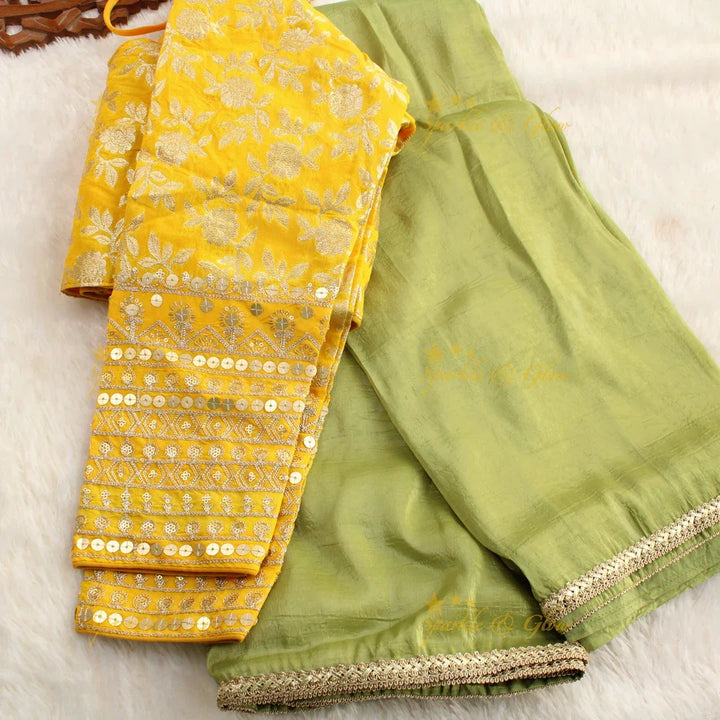 Simple plain tissue organza saree with lace and grand readymade blouse - Sparkle and Glow