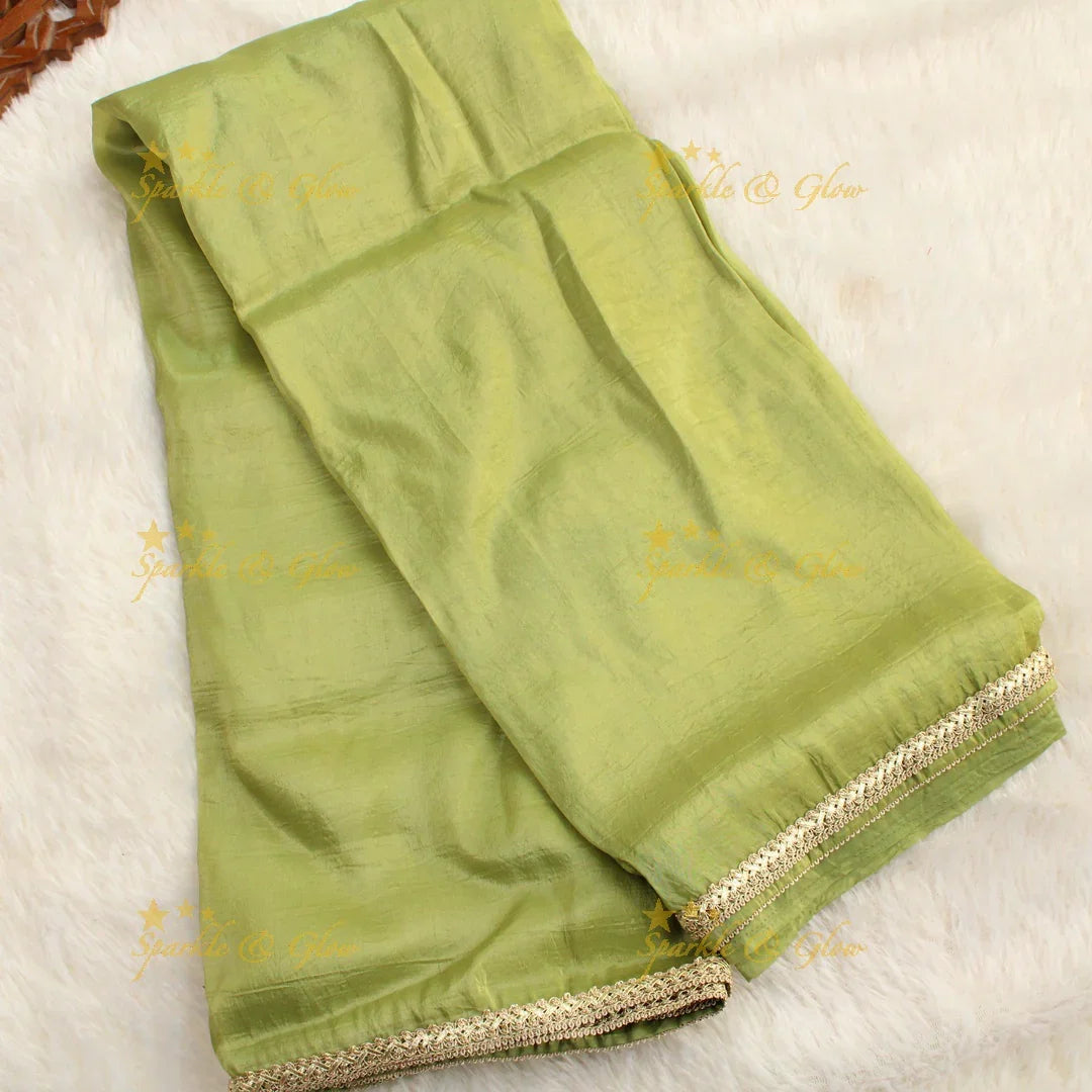 Simple plain tissue organza saree with lace and grand readymade blouse - Sparkle and Glow