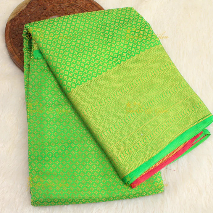 Beautiful parrot green colour with orange pallu kubera pattu soft silk saree with blouse piece - Sparkle and Glow