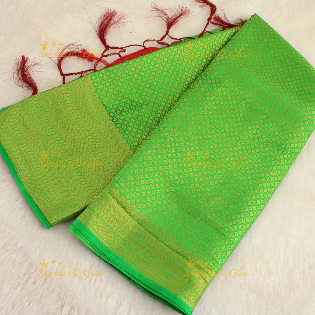 Beautiful parrot green colour with orange pallu kubera pattu soft silk saree with blouse piece - Sparkle and Glow
