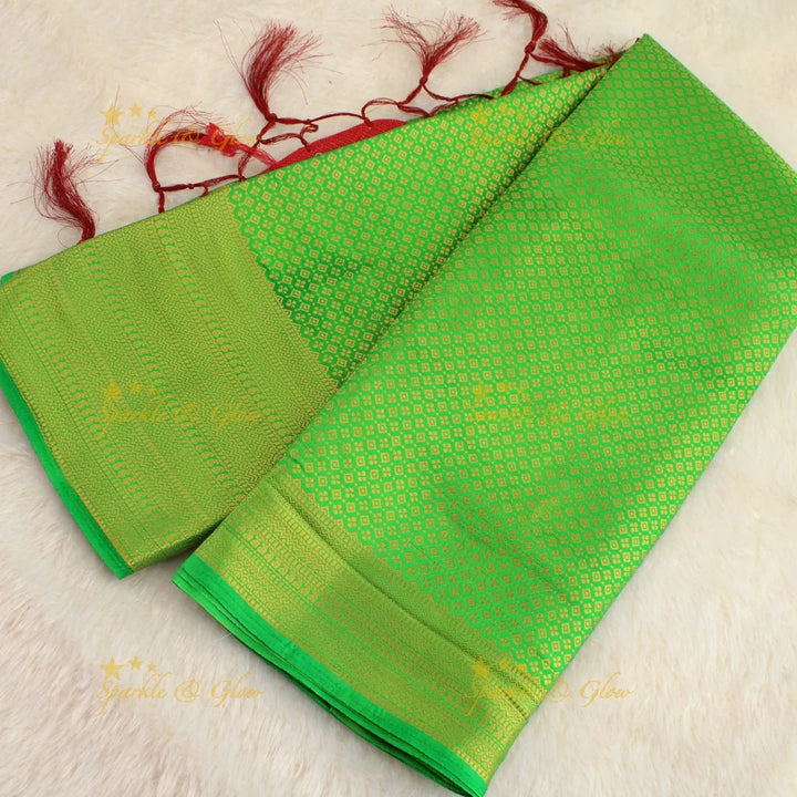 Beautiful parrot green colour with orange pallu kubera pattu soft silk saree with blouse piece - Sparkle and Glow