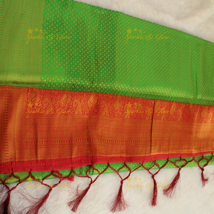 Beautiful parrot green colour with orange pallu kubera pattu soft silk saree with blouse piece - Sparkle and Glow
