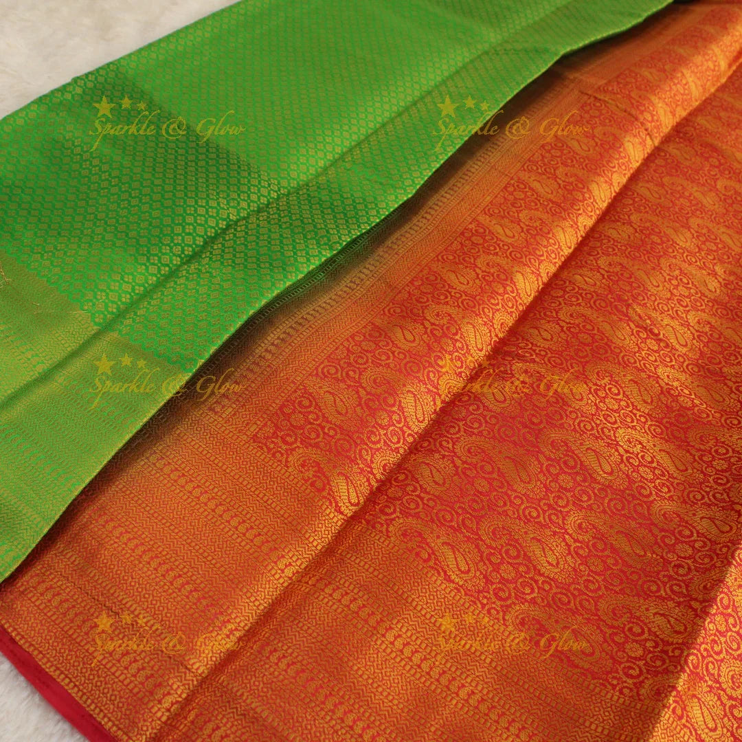Beautiful parrot green colour with orange pallu kubera pattu soft silk saree with blouse piece - Sparkle and Glow