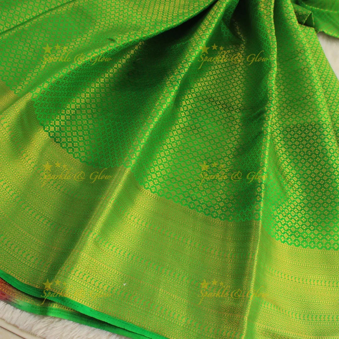 Beautiful parrot green colour with orange pallu kubera pattu soft silk saree with blouse piece - Sparkle and Glow