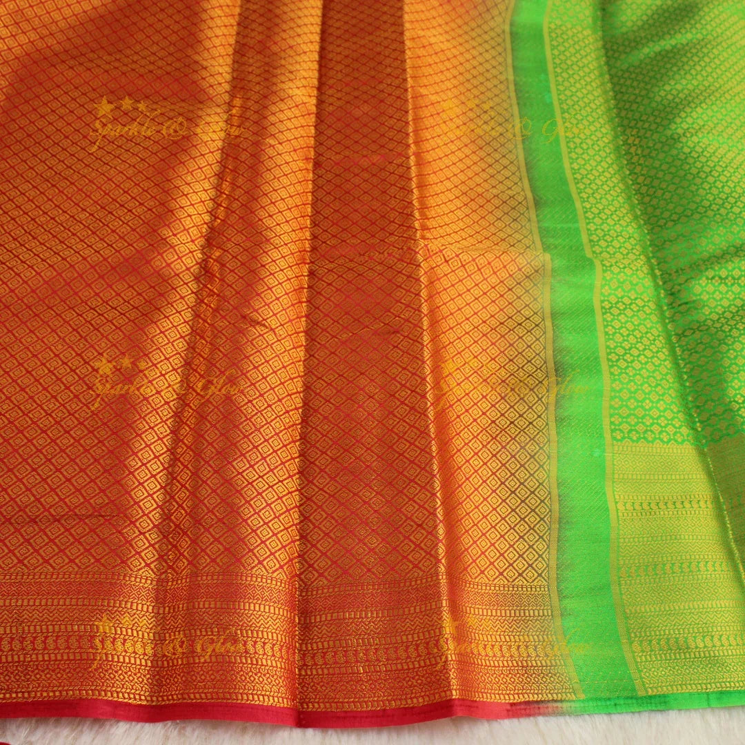 Beautiful parrot green colour with orange pallu kubera pattu soft silk saree with blouse piece - Sparkle and Glow