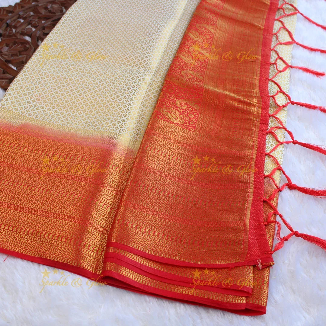 Beautiful parrot green colour with orange pallu kubera pattu soft silk saree with blouse piece - Sparkle and Glow