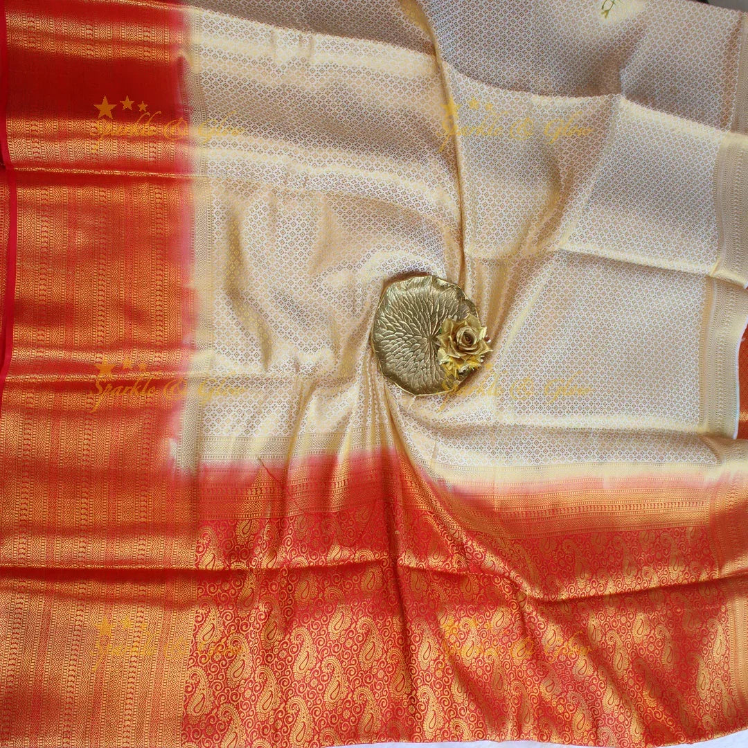 Beautiful parrot green colour with orange pallu kubera pattu soft silk saree with blouse piece - Sparkle and Glow