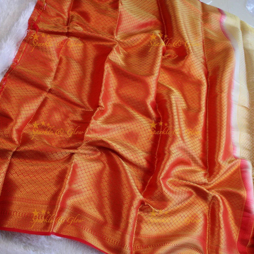 Beautiful parrot green colour with orange pallu kubera pattu soft silk saree with blouse piece - Sparkle and Glow