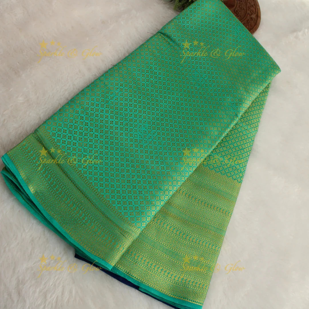 Beautiful parrot green colour with orange pallu kubera pattu soft silk saree with blouse piece - Sparkle and Glow