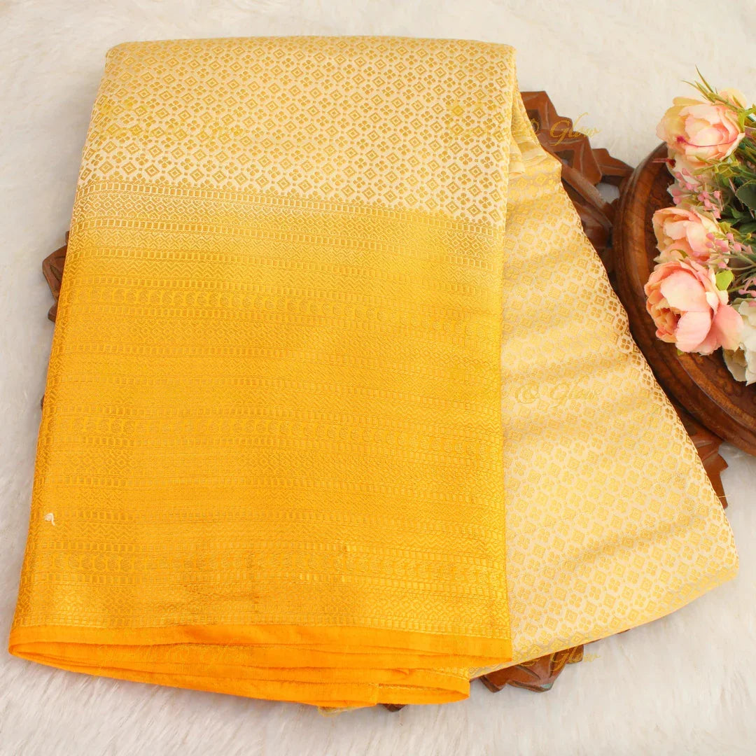 Beautiful parrot green colour with orange pallu kubera pattu soft silk saree with blouse piece - Sparkle and Glow