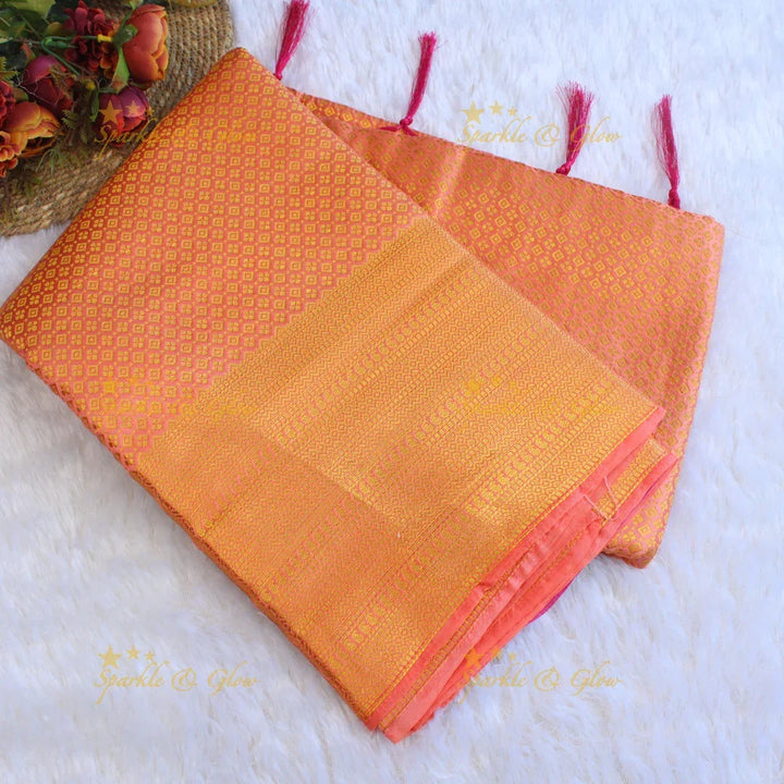 Beautiful parrot green colour with orange pallu kubera pattu soft silk saree with blouse piece - Sparkle and Glow