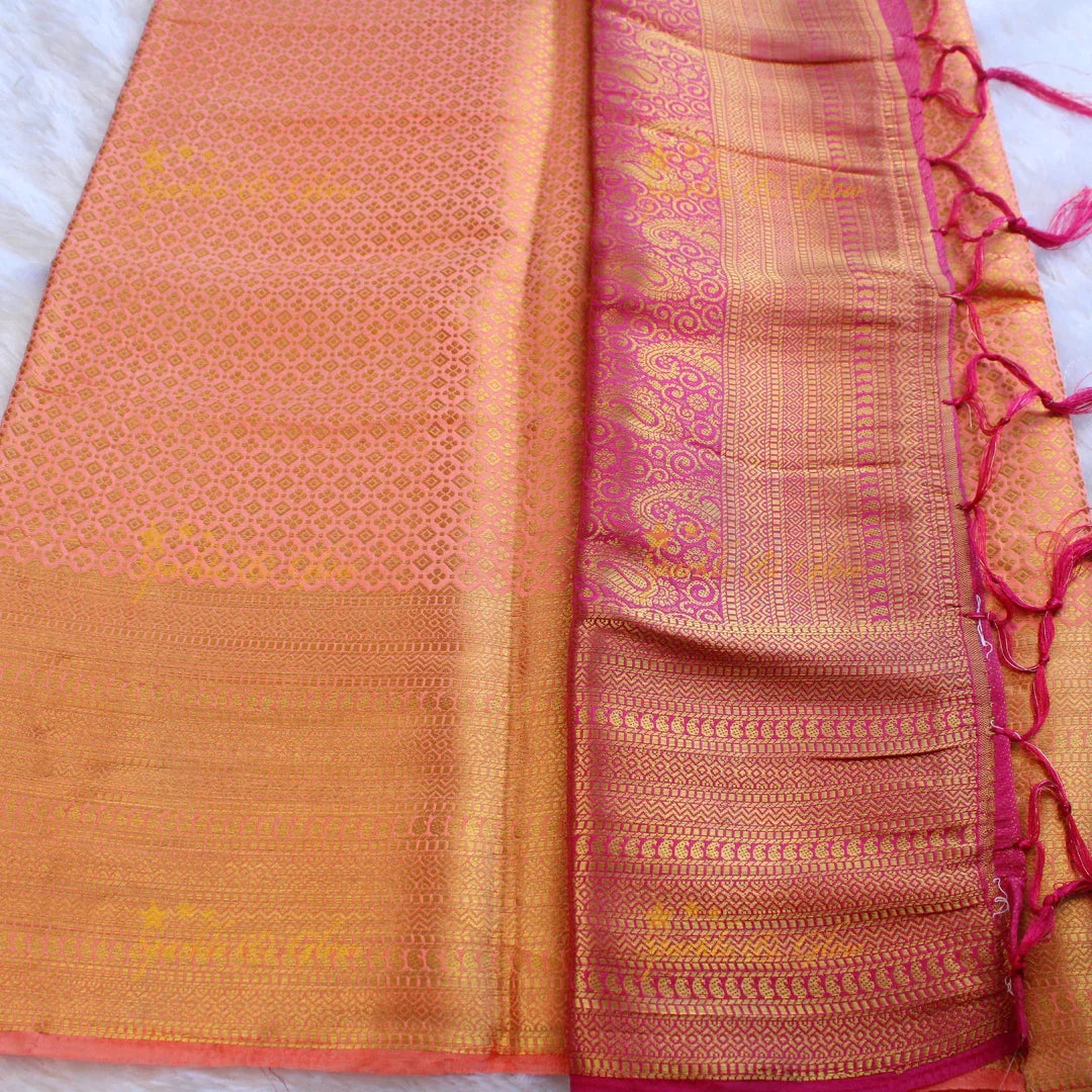 Beautiful parrot green colour with orange pallu kubera pattu soft silk saree with blouse piece - Sparkle and Glow