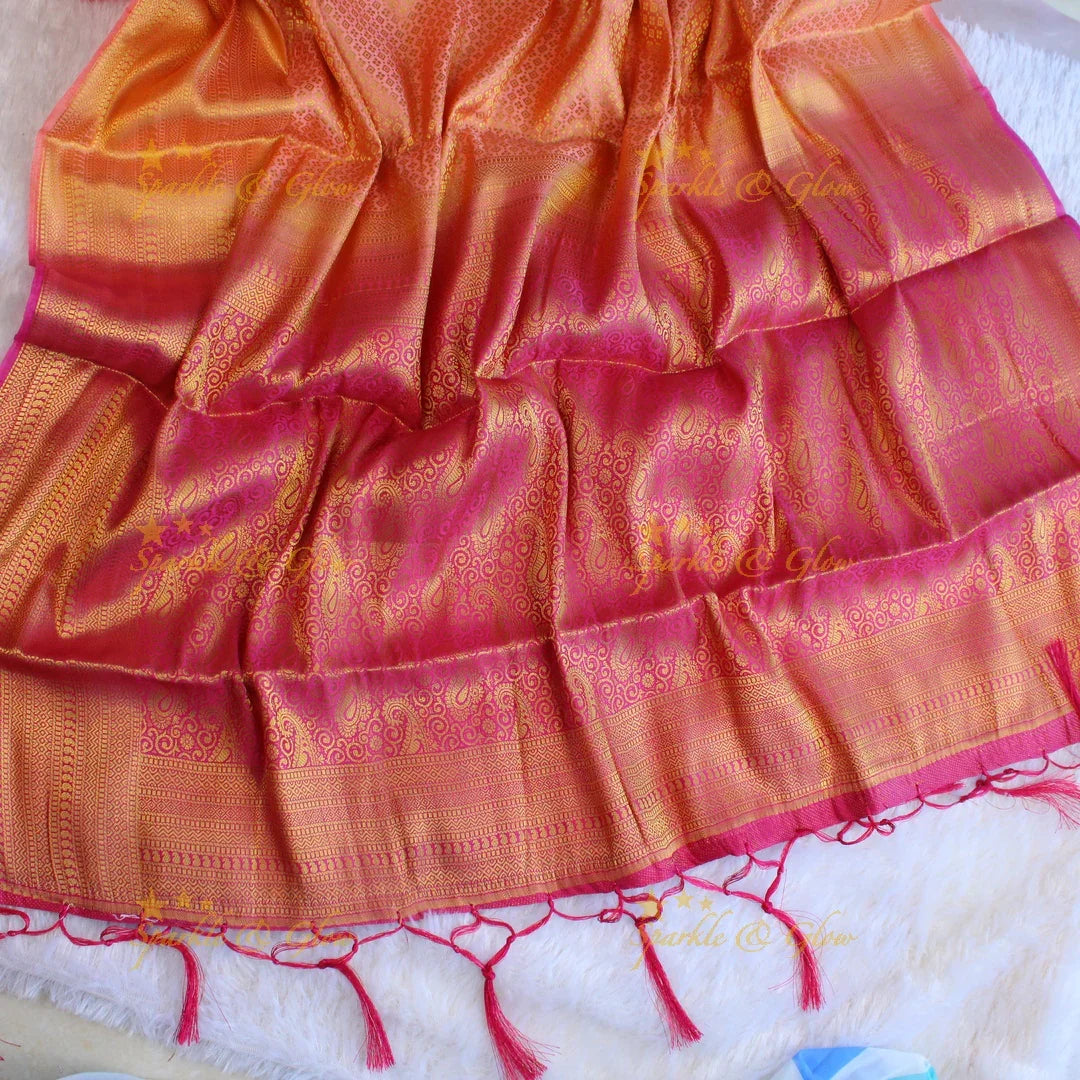 Beautiful parrot green colour with orange pallu kubera pattu soft silk saree with blouse piece - Sparkle and Glow