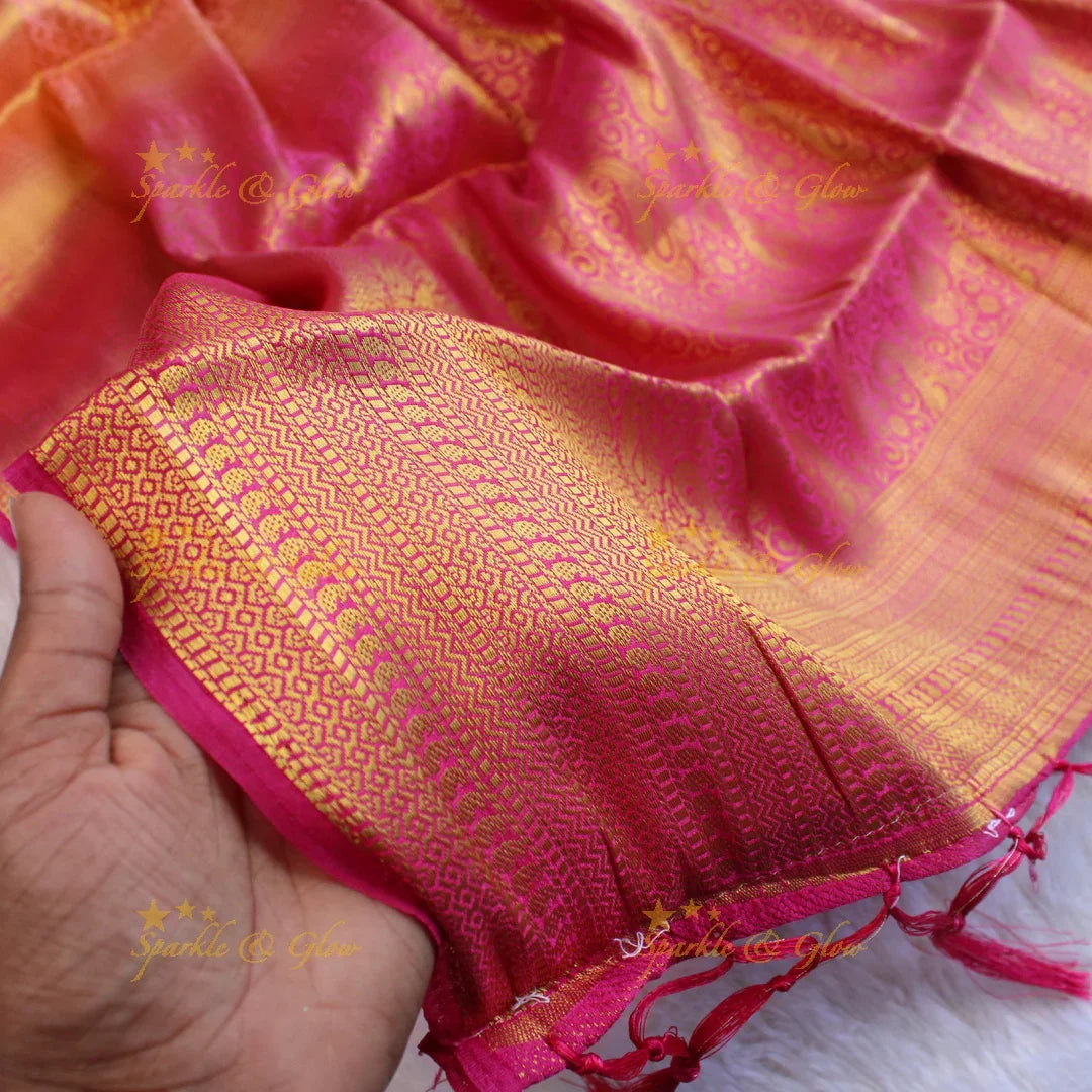 Beautiful parrot green colour with orange pallu kubera pattu soft silk saree with blouse piece - Sparkle and Glow
