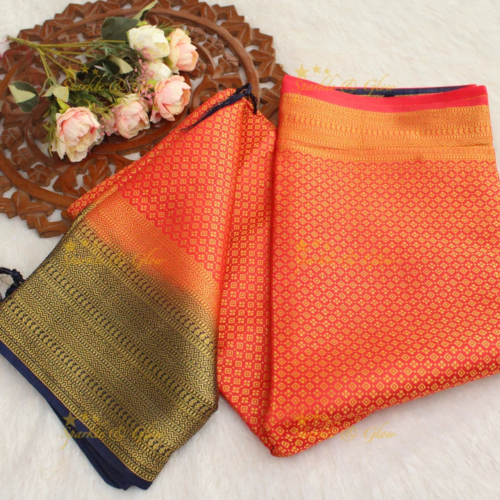Beautiful parrot green colour with orange pallu kubera pattu soft silk saree with blouse piece - Sparkle and Glow