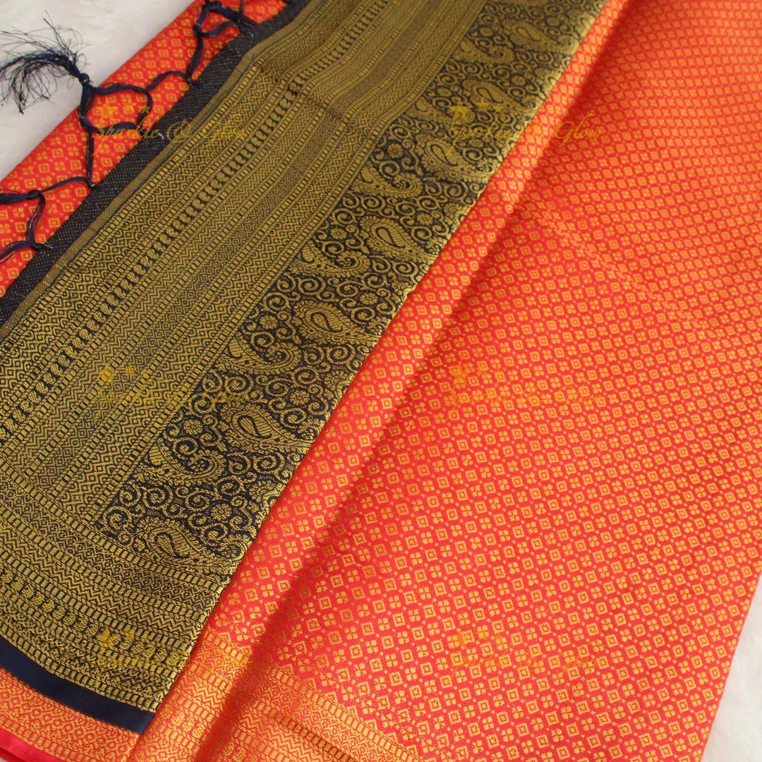 Beautiful parrot green colour with orange pallu kubera pattu soft silk saree with blouse piece - Sparkle and Glow