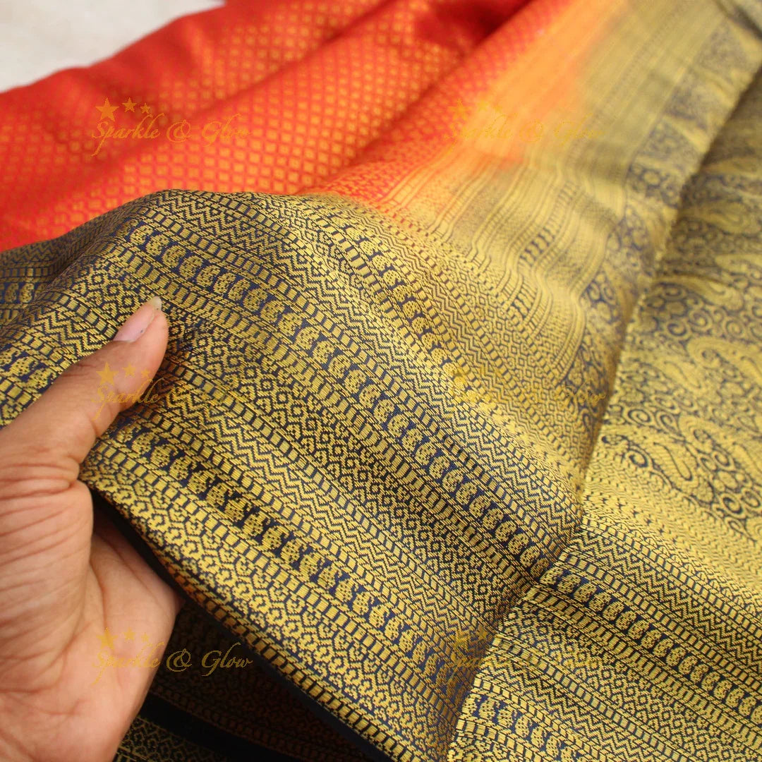 Beautiful parrot green colour with orange pallu kubera pattu soft silk saree with blouse piece - Sparkle and Glow