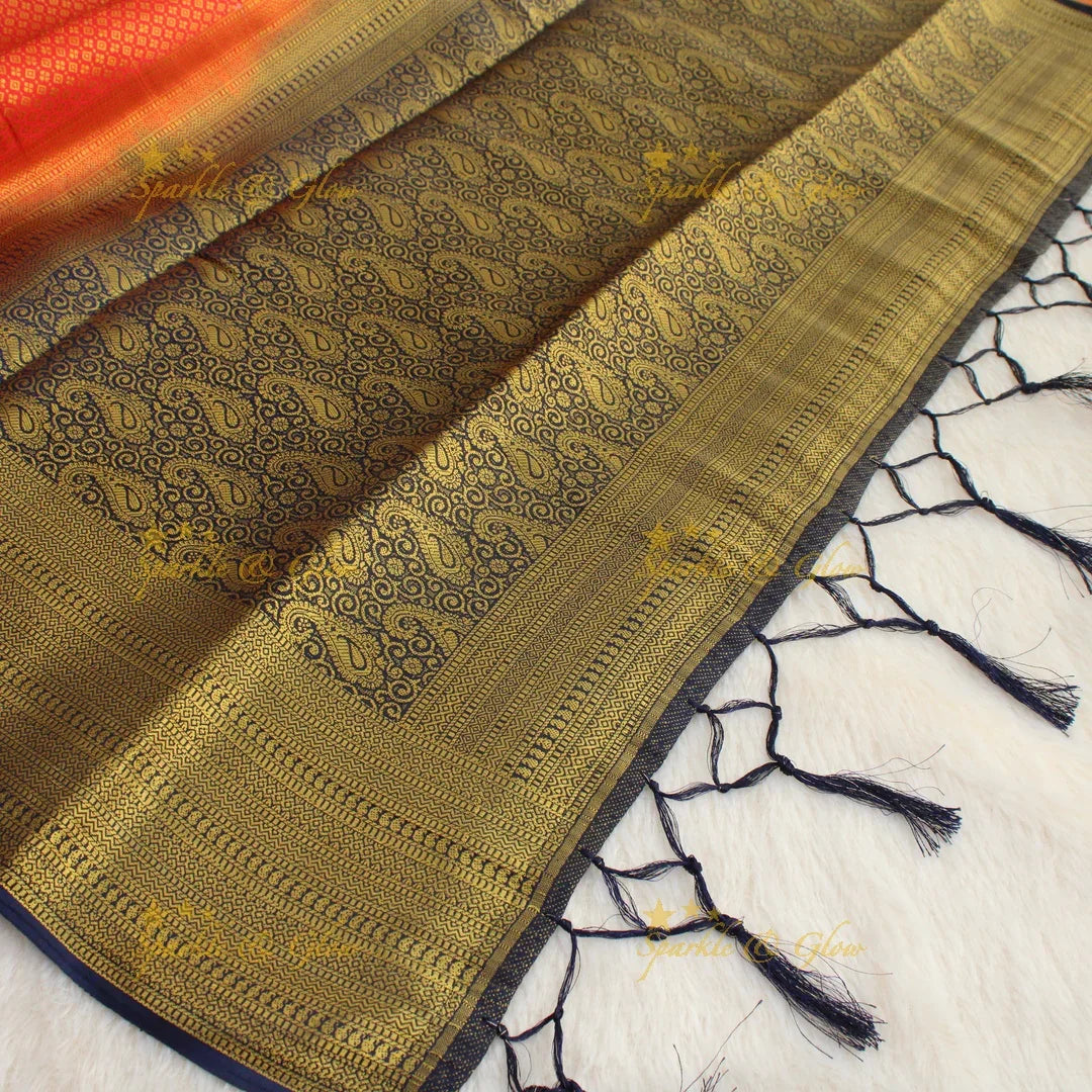 Beautiful parrot green colour with orange pallu kubera pattu soft silk saree with blouse piece - Sparkle and Glow