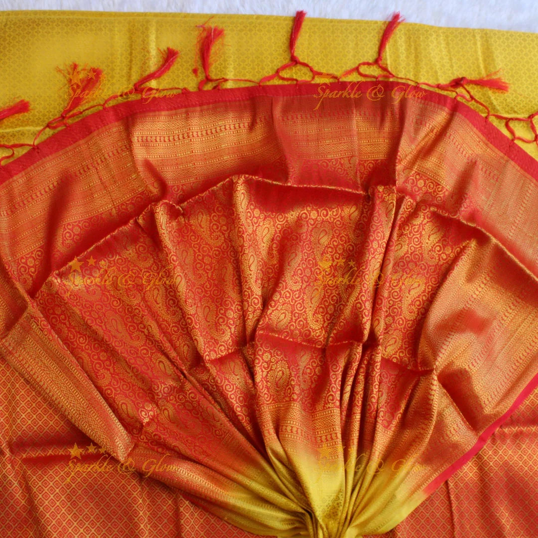 Beautiful parrot green colour with orange pallu kubera pattu soft silk saree with blouse piece - Sparkle and Glow