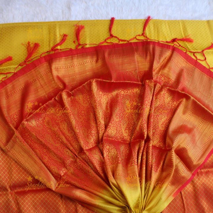 Beautiful parrot green colour with orange pallu kubera pattu soft silk saree with blouse piece - Sparkle and Glow