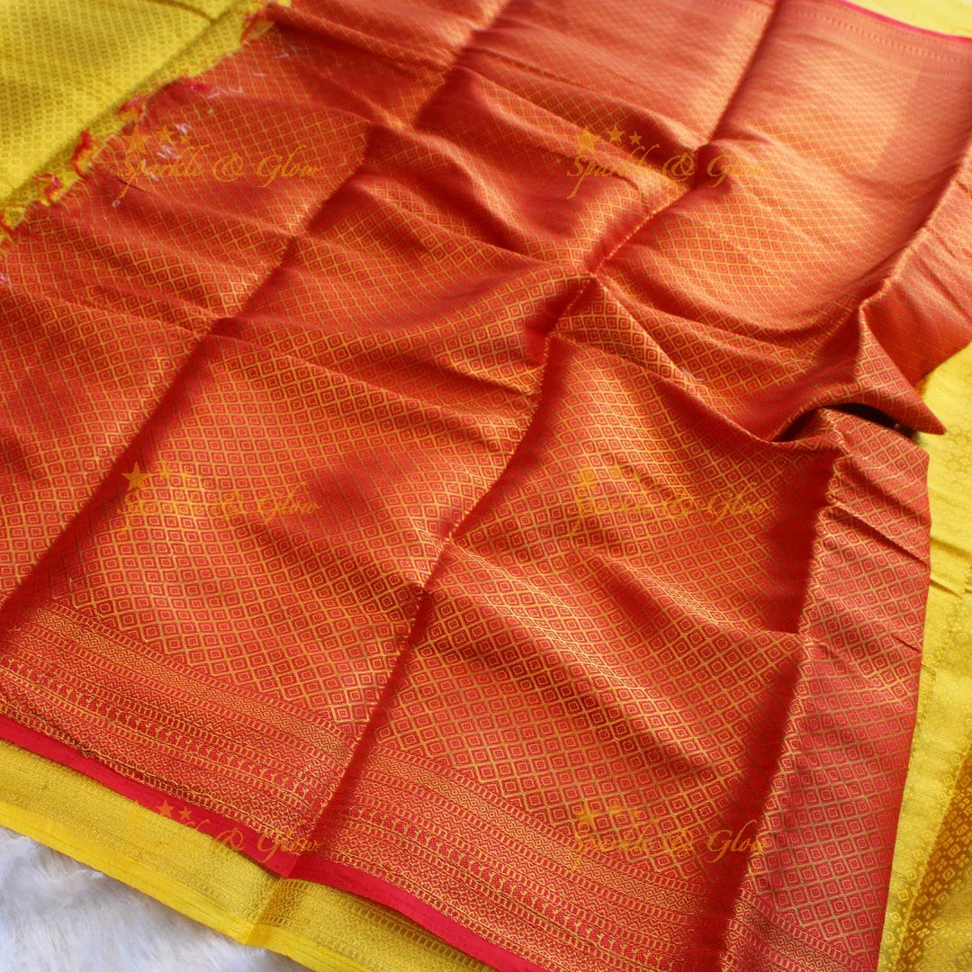 Beautiful parrot green colour with orange pallu kubera pattu soft silk saree with blouse piece - Sparkle and Glow