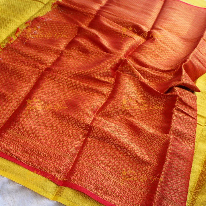 Beautiful parrot green colour with orange pallu kubera pattu soft silk saree with blouse piece - Sparkle and Glow