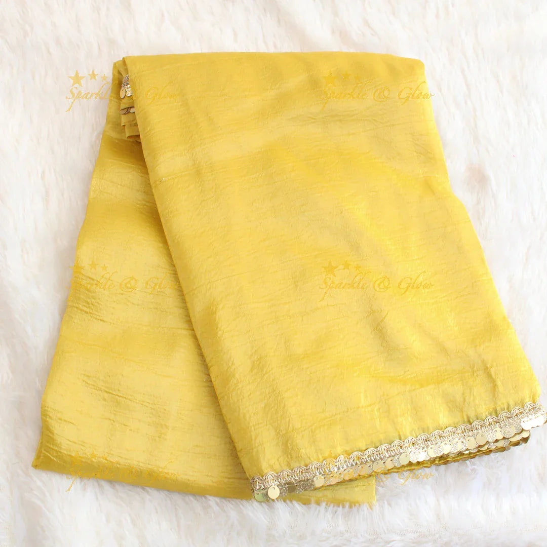 Pretty yellow colour tissue organza saree with readymade blouse - Sparkle and Glow