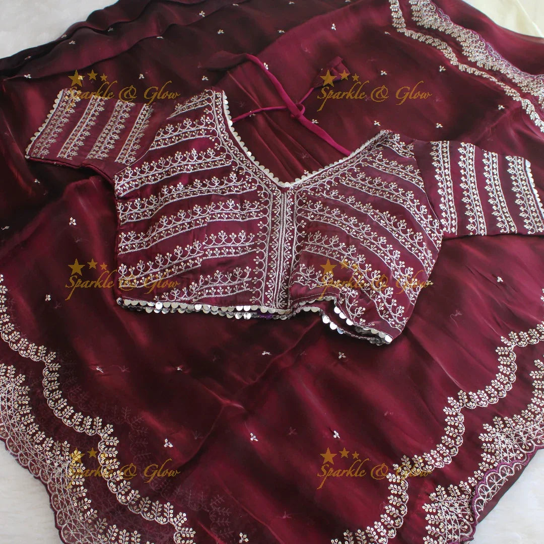 Elegant Magenta colour organza saree with readymade blouse - Sparkle and Glow
