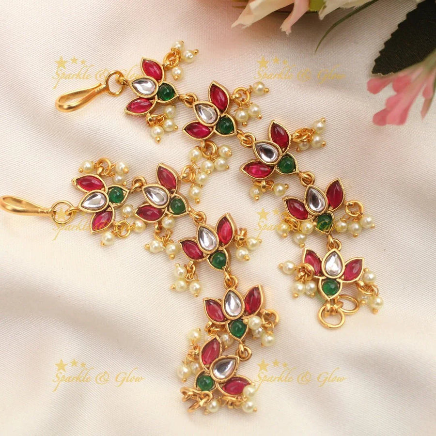 Beautiful jadau stones lotus design ear chain - Sparkle and Glow