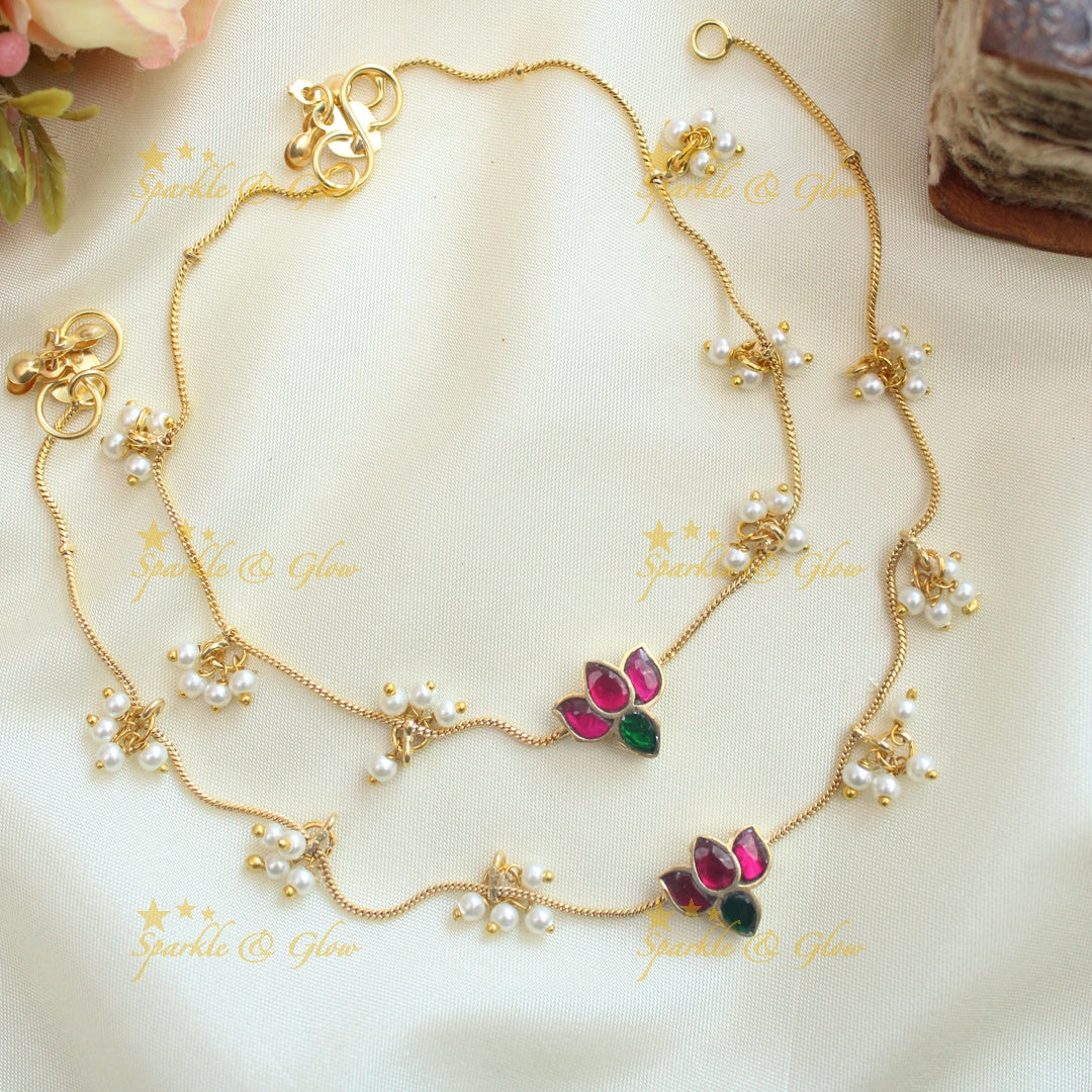 Trending occasional wear lotus design jadau gold anklets with pearl