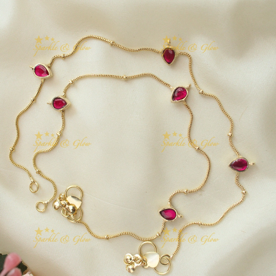Pretty pink leaf design jadau gold anklets