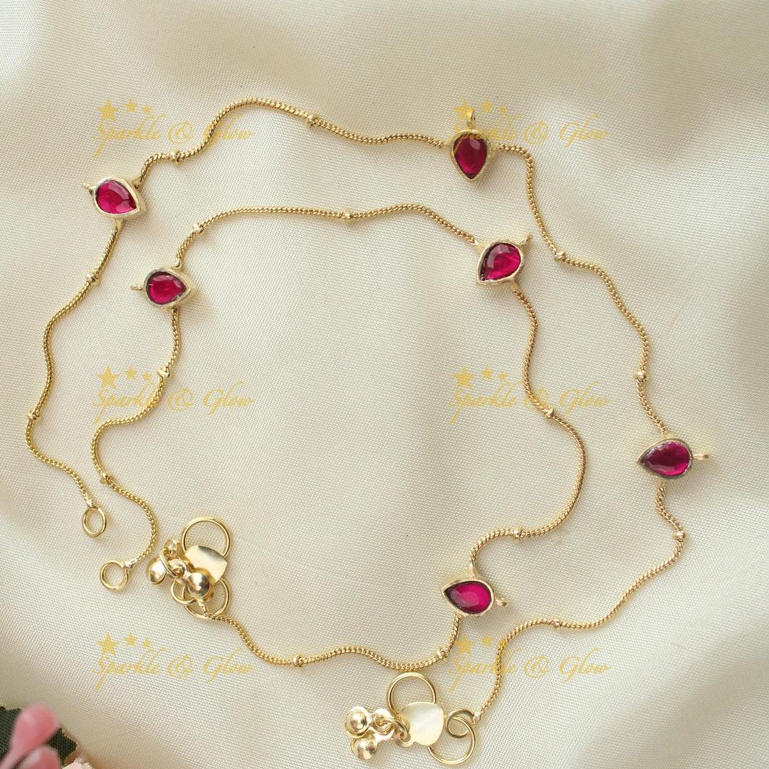 Pretty pink leaf design jadau gold anklets - Sparkle and Glow