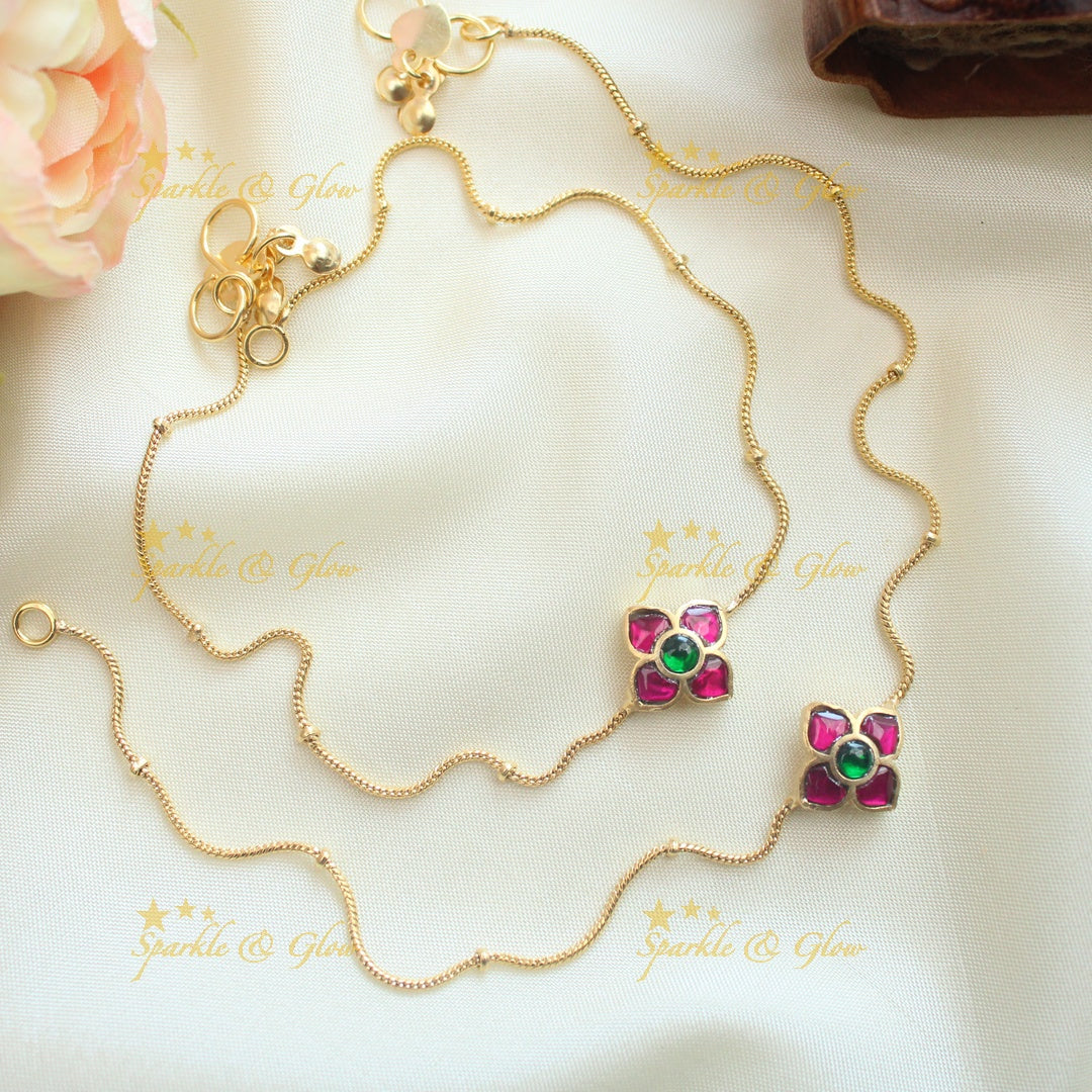 Elegant flower design jadau stones gold anklets