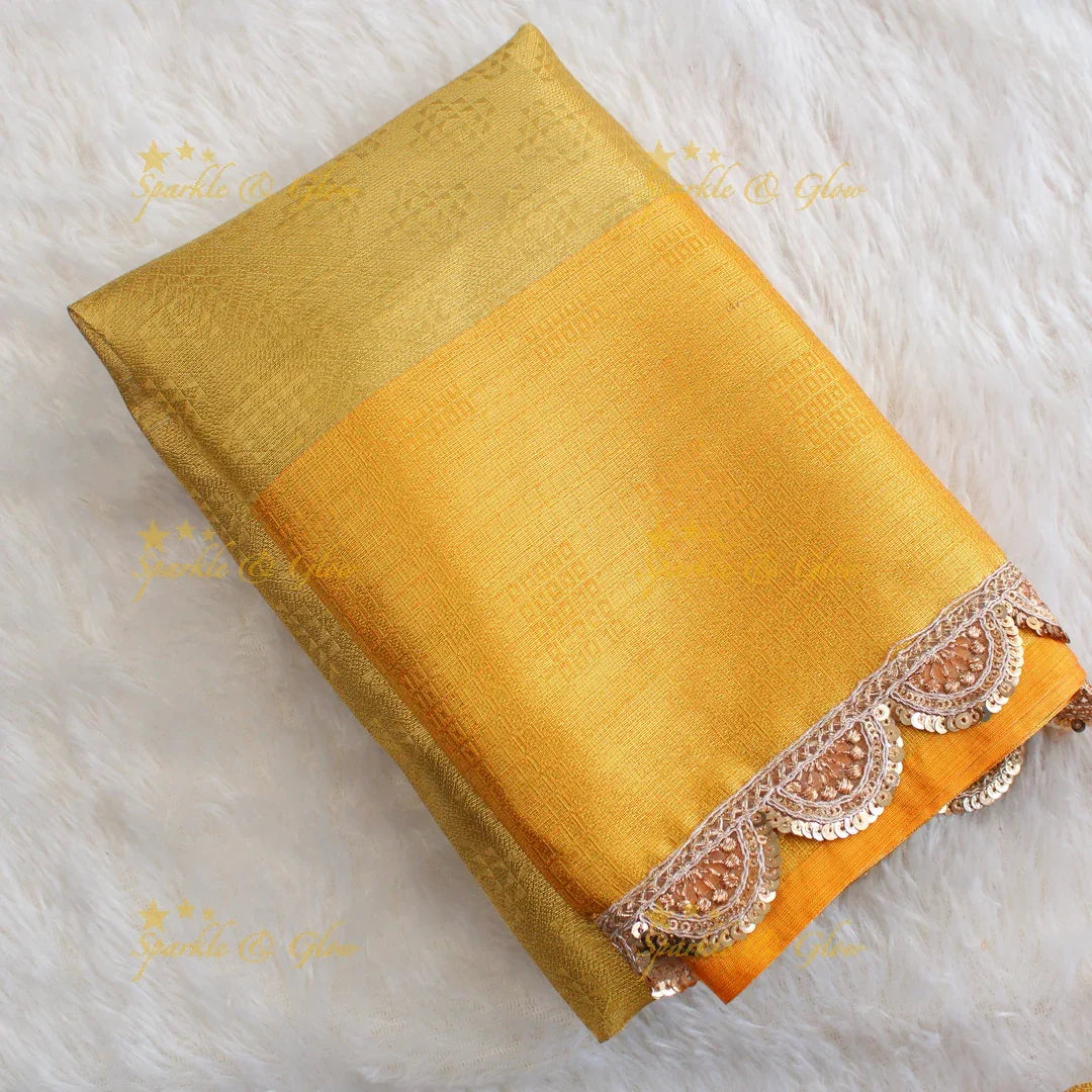 Beautiful light gold colour banarasi tissue silk saree with lace attached with blouse piece - Sparkle and Glow