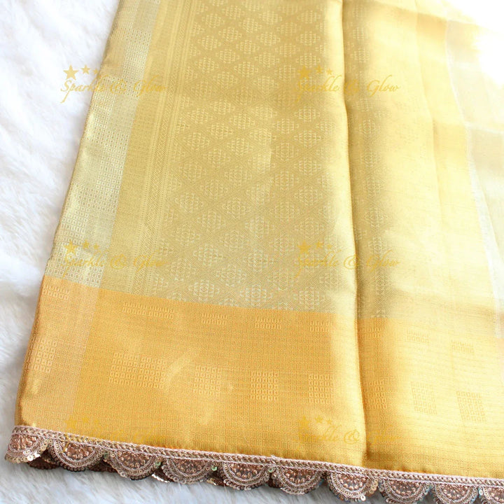 Beautiful light gold colour banarasi tissue silk saree with lace attached with blouse piece - Sparkle and Glow