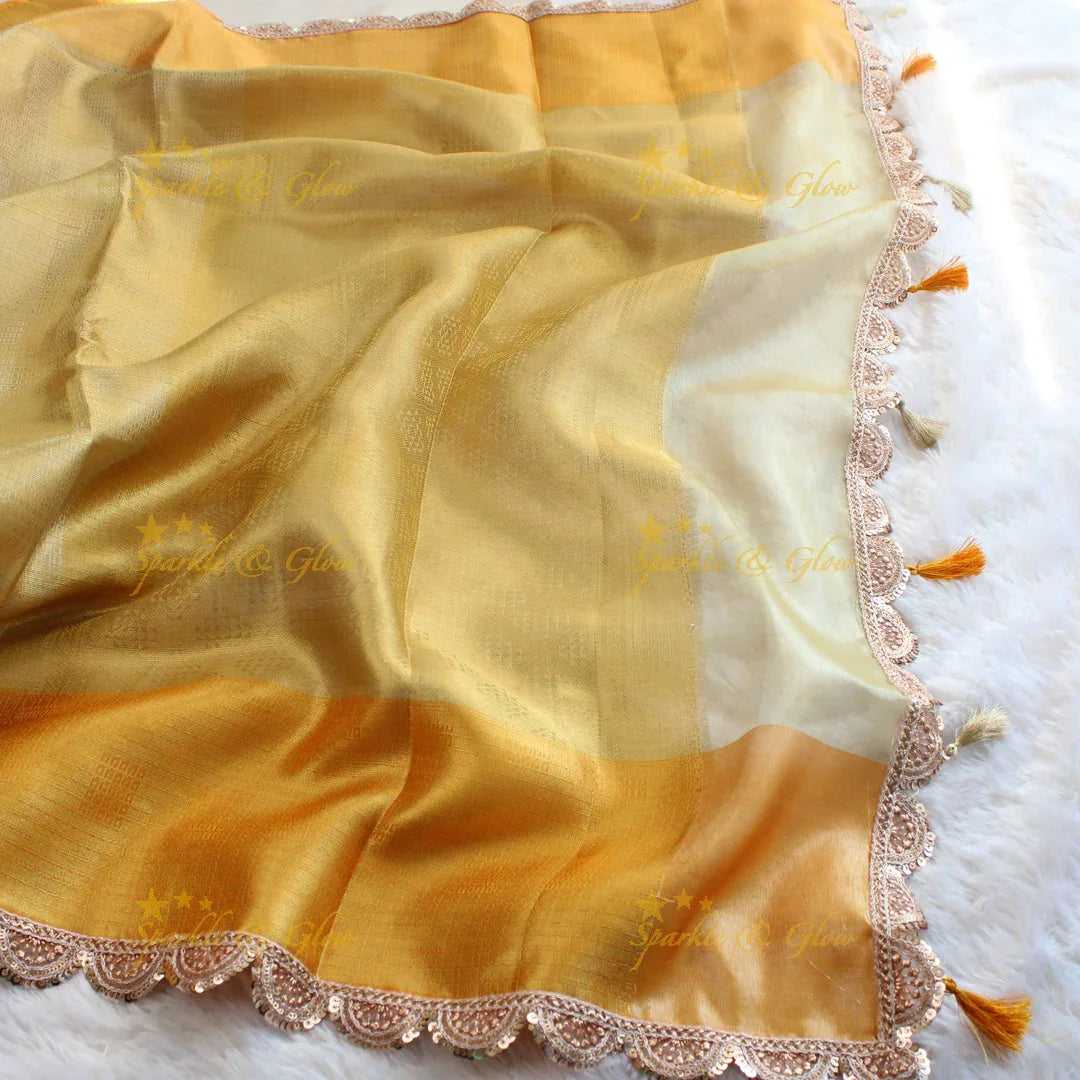 Beautiful light gold colour banarasi tissue silk saree with lace attached with blouse piece - Sparkle and Glow