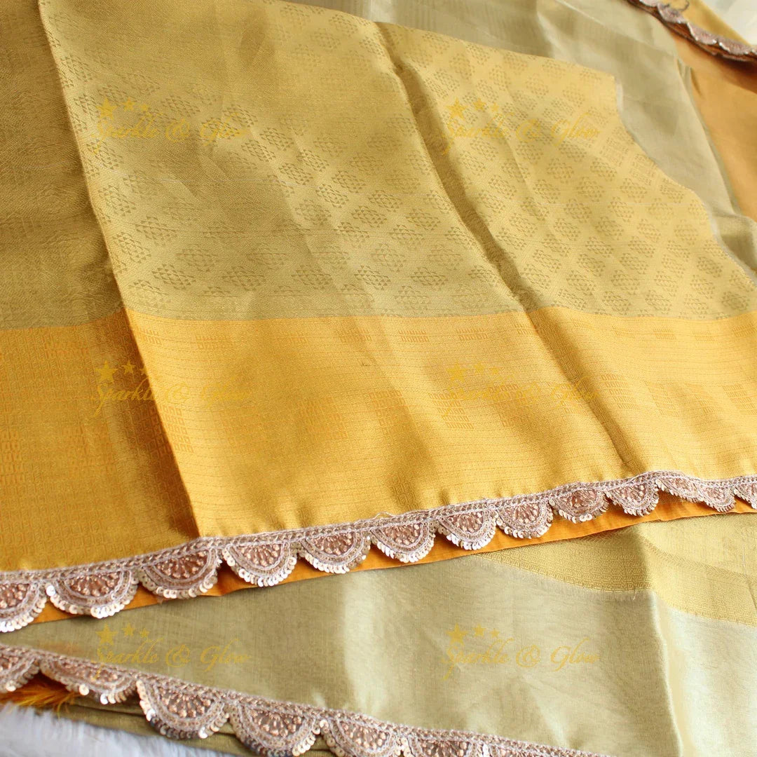 Beautiful light gold colour banarasi tissue silk saree with lace attached with blouse piece - Sparkle and Glow