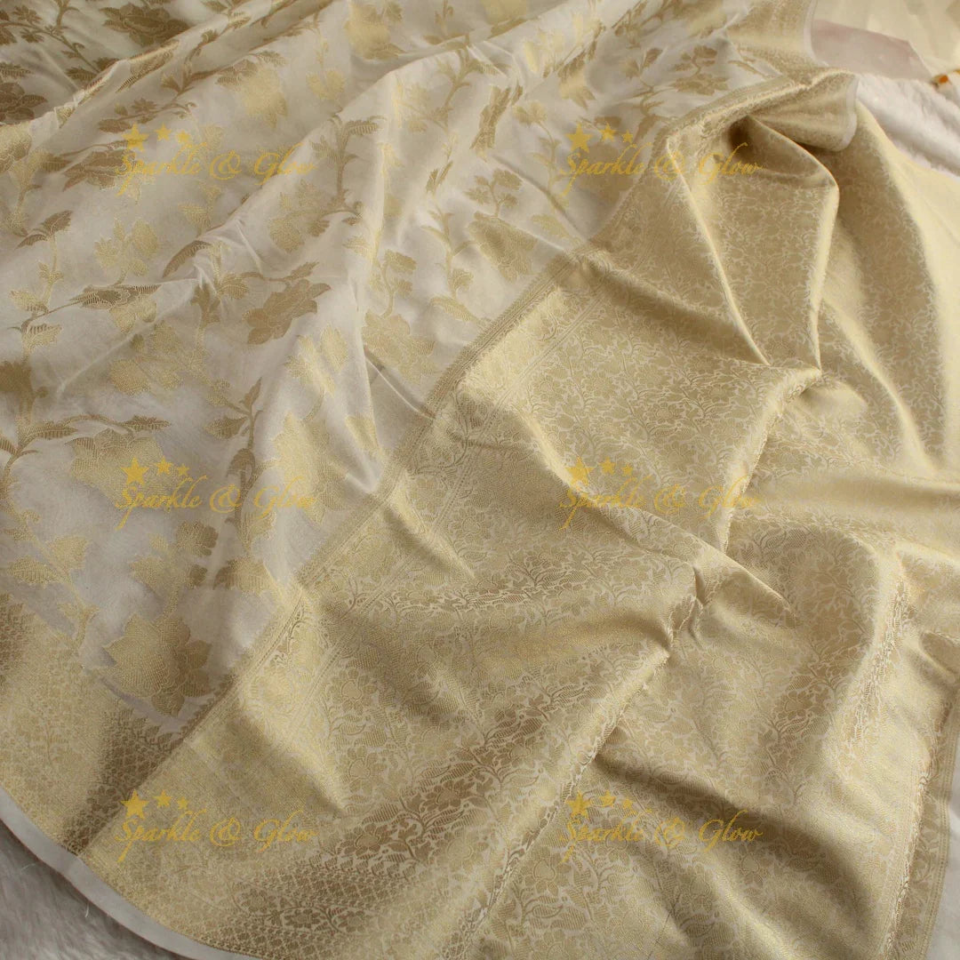 Beautiful white and gold colour floral print Banarasi Tissue Silk saree with blouse piece - White - Sparkle and Glow
