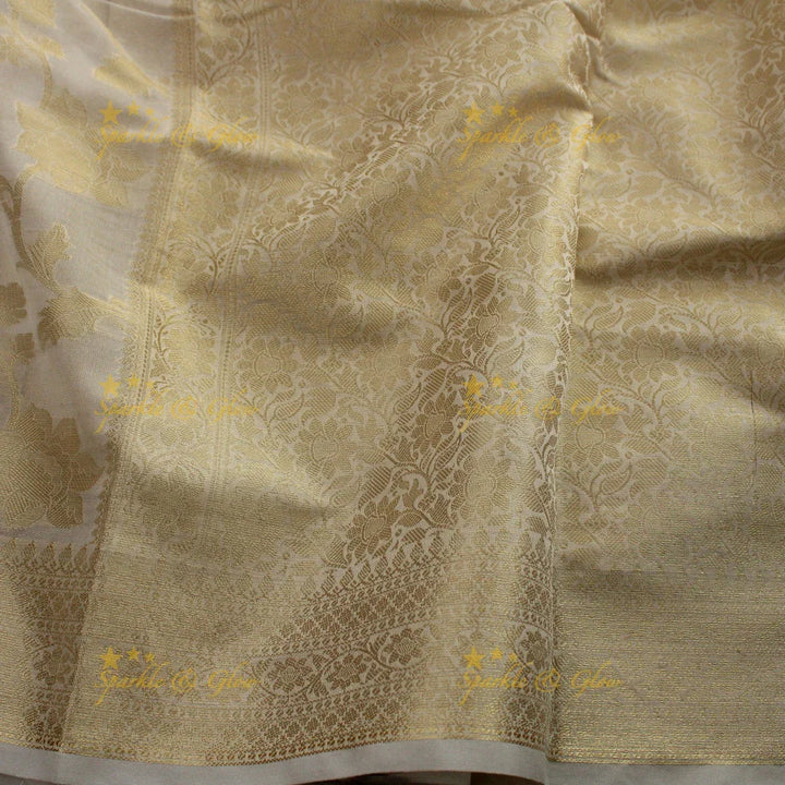Beautiful white and gold colour floral print Banarasi Tissue Silk saree with blouse piece - White - Sparkle and Glow