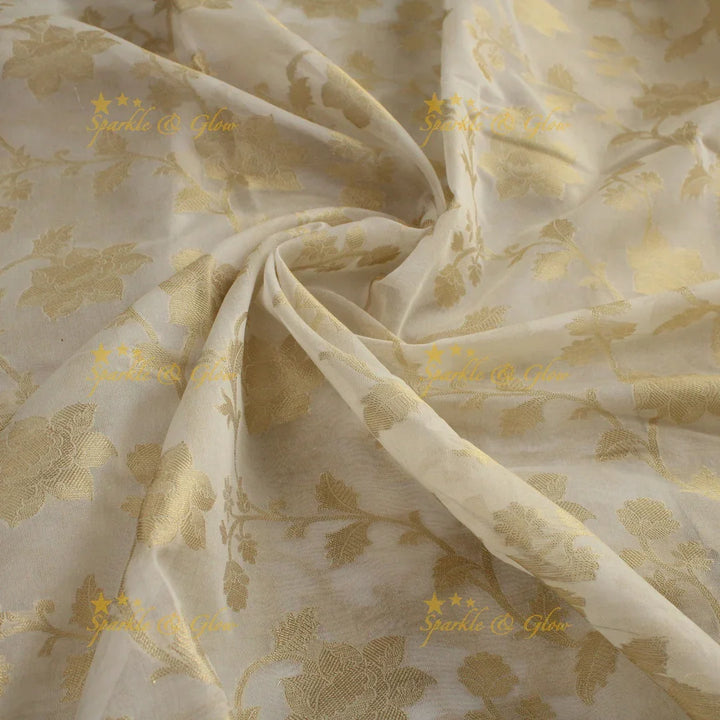 Beautiful white and gold colour floral print Banarasi Tissue Silk saree with blouse piece - White - Sparkle and Glow