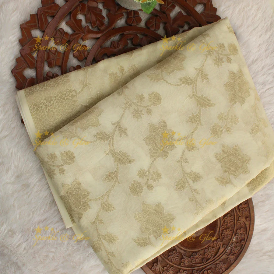 Beautiful white and gold colour floral print Banarasi Tissue Silk saree with blouse piece - White - Sparkle and Glow