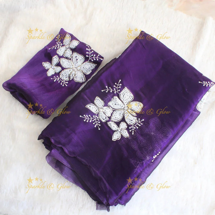 Pretty Purple colour organza saree floral sequen work with blouse piece - Sparkle and Glow