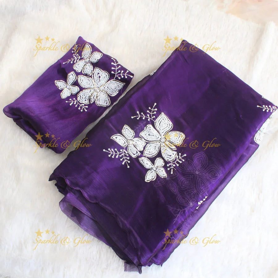 Pretty Purple colour organza saree floral sequen work with blouse piece - Sparkle and Glow