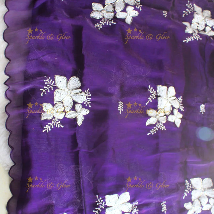 Pretty Purple colour organza saree floral sequen work with blouse piece - Sparkle and Glow